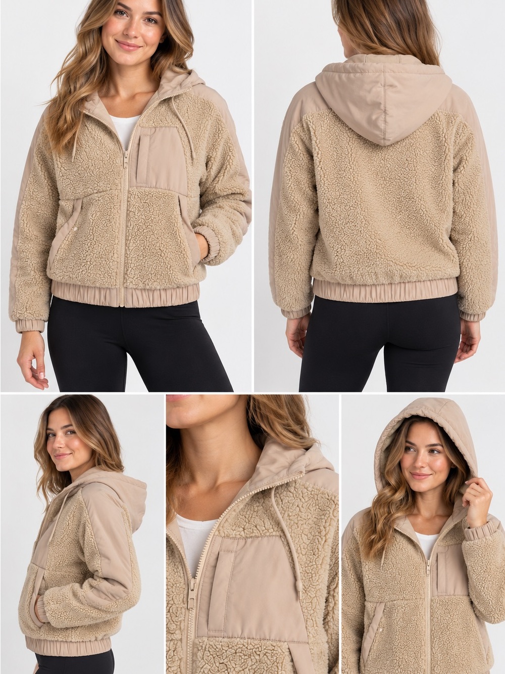 Old Navy Active Women’s XS Sherpa Fleece Hooded Jacket Beige Tan Full Zip